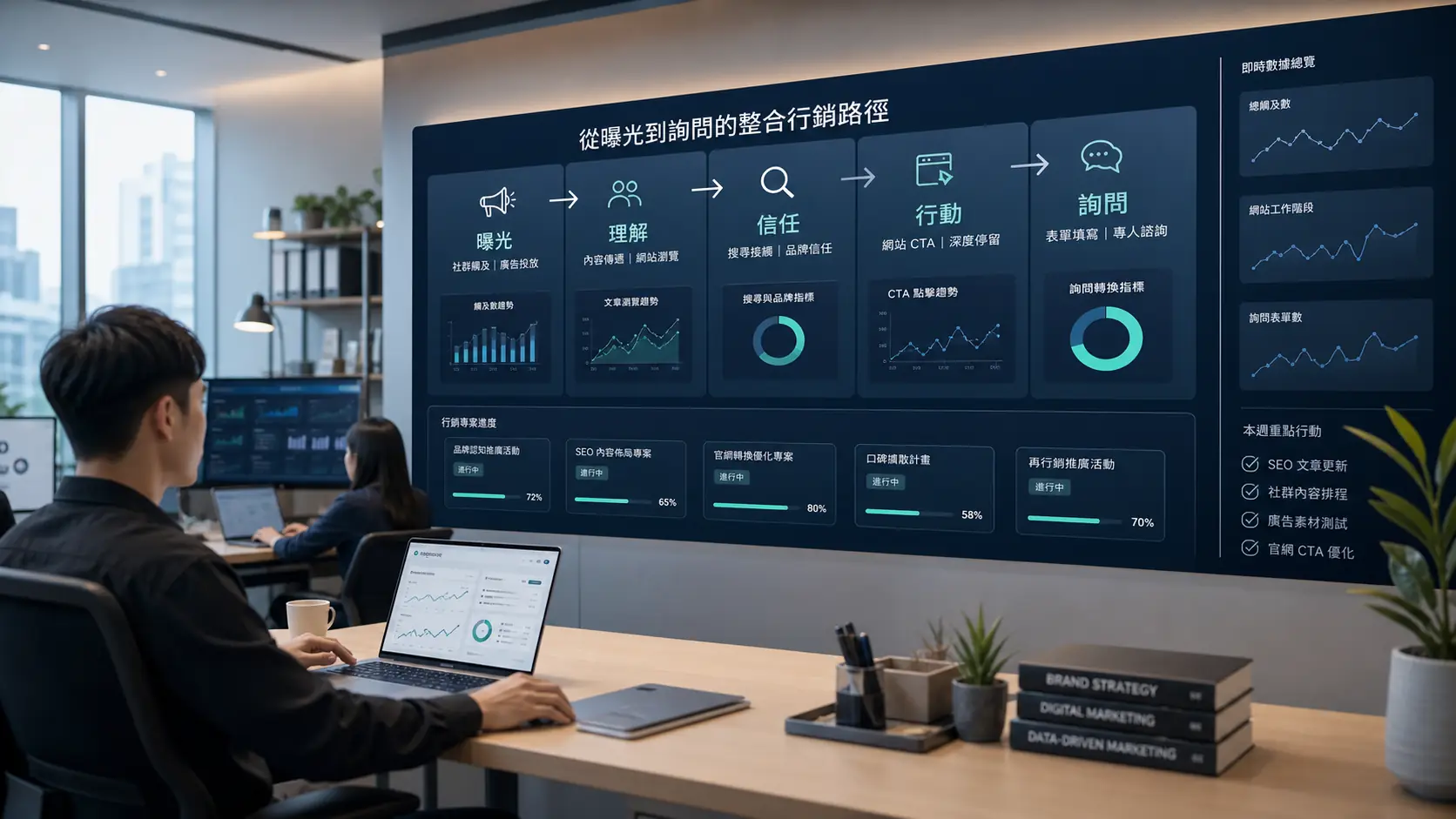 整合行銷流程戰情室呈現曝光、理解、信任、行動與詢問的成果路徑