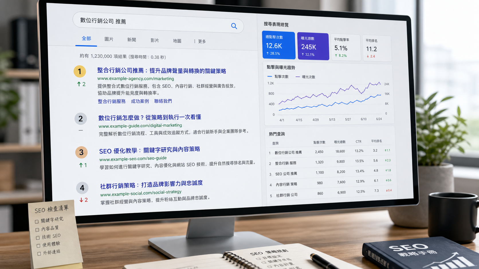 SEO 服務成效檢查使用的搜尋結果頁、排名變化與搜尋成效分析畫面
