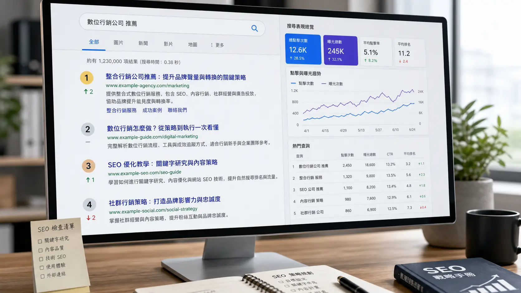 SEO 服務成效檢查使用的搜尋結果頁、排名變化與搜尋成效分析畫面